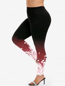 Plus Size Sakura Print Ombre Color Skinny Leggings - DEEP RED - 5X | US 30-32