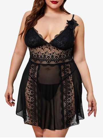 Plus Size Lace Panel See Thru Mesh Babydoll with T-back - BLACK - 1X
