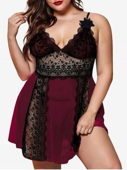 Plus Size Lace Panel See Thru Mesh Babydoll with T-back - DEEP RED - 4X