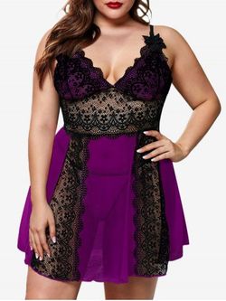Plus Size Lace Panel See Thru Mesh Babydoll with T-back - PURPLE - 1X