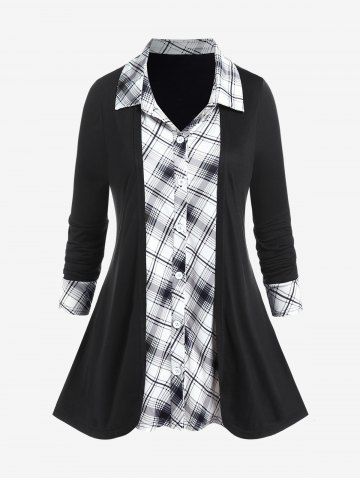 Plus Size Plaid Colorblock Long Sleeves Twofer Shirt - BLACK - M | US 10