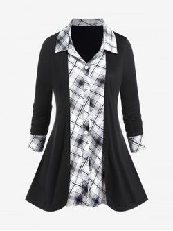 Plus Size Plaid Colorblock Long Sleeves Twofer Shirt - BLACK - 1X | US 14-16