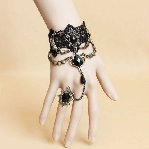 Gothic Vintage Rhinestone Lace Chains Finger Bracelet - BLACK