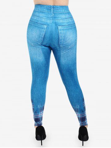 Plus Size High Rise Plaid 3D Denim Print Skinny Jeggings