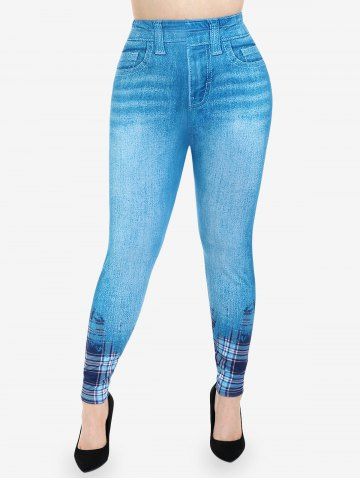 Plus Size High Rise Plaid 3D Denim Print Skinny Jeggings