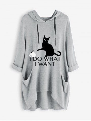 Plus Size Drawstring Hooded Pockets High Low Graphic Top
