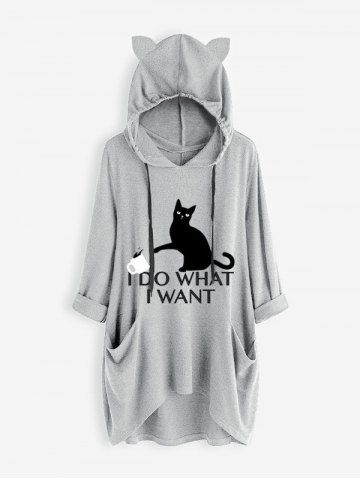 Plus Size Drawstring Hooded Pockets High Low Graphic Top