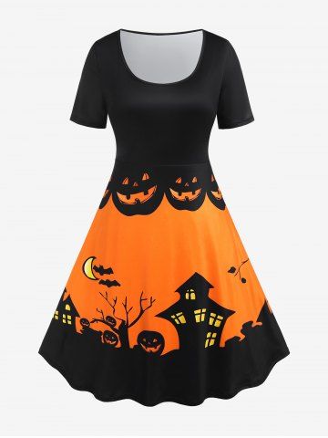 Halloween Pumpkin Castle Print Vintage Flare Dress - ORANGE - 4X | US 26-28