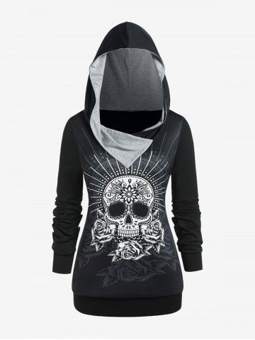 Gothic Skull Rose Print Pullover Hoodie - BLACK - 3X | US 22-24