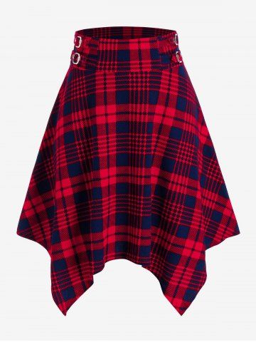 Plus Size Plaid Buckle Handkerchief Skirt - RED - L | US 12