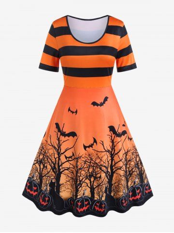 Halloween Striped Bat Tree Pumpkin Print Fit and Flare Dress - ORANGE - 4X | US 26-28
