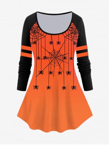 Halloween Spider Web Printed Two Tone Raglan Sleeves Tee - ORANGE - 3X | US 22-24