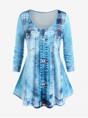 Plus Size Long Sleeve 3D Denim Print T-shirt