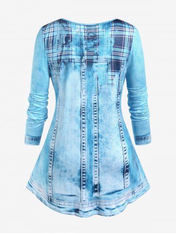 Plus Size Long Sleeve 3D Denim Print T-shirt