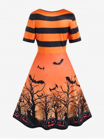 Halloween Striped Bat Tree Pumpkin Print Fit and Flare Dress