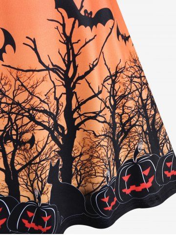 Halloween Striped Bat Tree Pumpkin Print Fit and Flare Dress