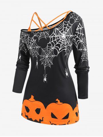 Halloween Skew Neck Pumpkins Spider Web Printed Tee and Crisscross Tank Top Set