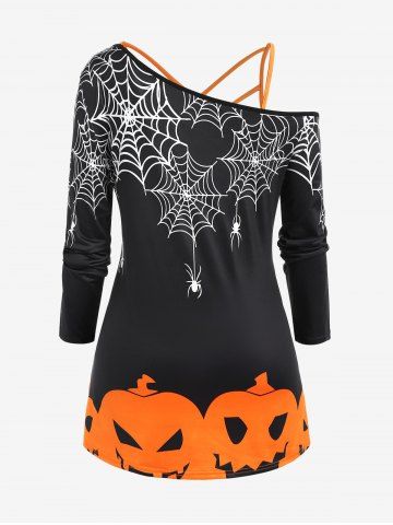 Halloween Skew Neck Pumpkins Spider Web Printed Tee and Crisscross Tank Top Set