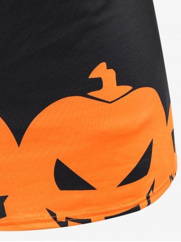 Halloween Skew Neck Pumpkins Spider Web Printed Tee and Crisscross Tank Top Set