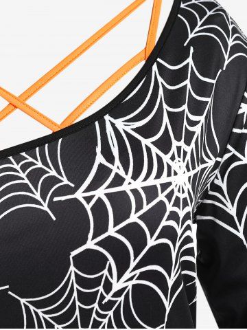 Halloween Skew Neck Pumpkins Spider Web Printed Tee and Crisscross Tank Top Set