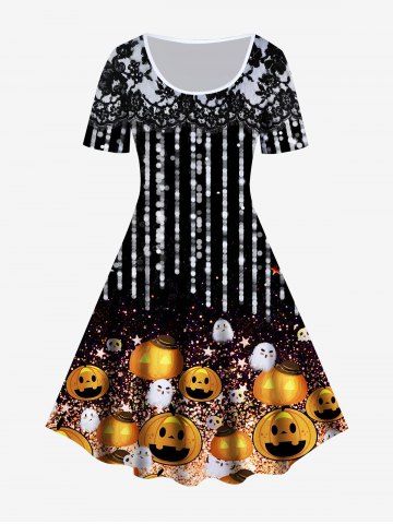 Halloween Pumpkin Ghost Print Flare Dress - BLACK - 5X | US 30-32