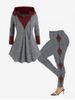 Hooded Drawstring Mixed Media Top and High Waist 3D Ripped Leggings Plus Size Outfit -  