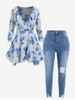 Plus Size Plunge Ruffle Floral Print Blouse and Ripped Pencil Jeans Outfit -  