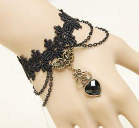 Bracelet en Dentelle Motif Cœur en Strass Style Gothique Vintage - Noir 
