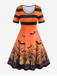 Halloween Striped Bat Tree Pumpkin Print Fit and Flare Dress -  