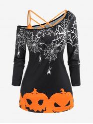 Ensemble de T-shirt D'Halloween à Imprimé Citrouille Toile D'Araignée à Col Oblique et de Débardeur Croisé - Noir 4X | US 26-28