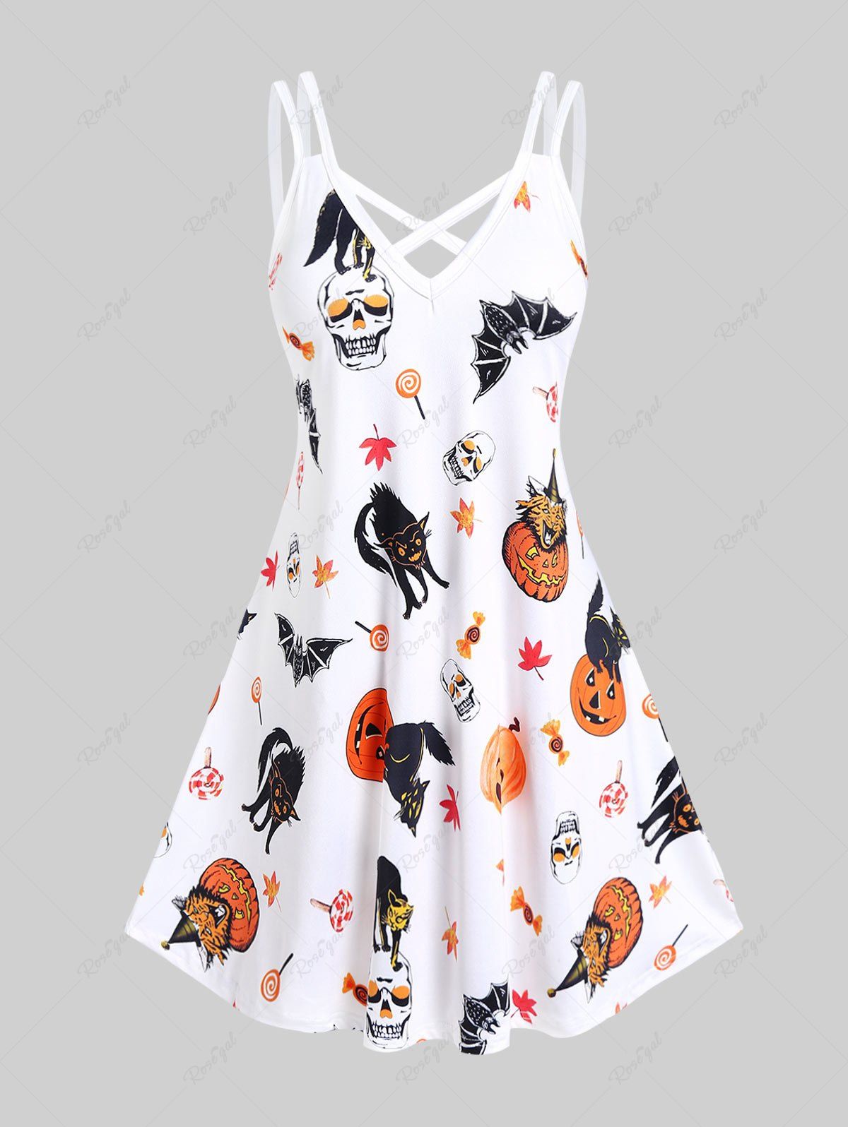 Store Halloween Pumpkins Skulls Cat Printed Crisscross Sleeveless A Line Dress  