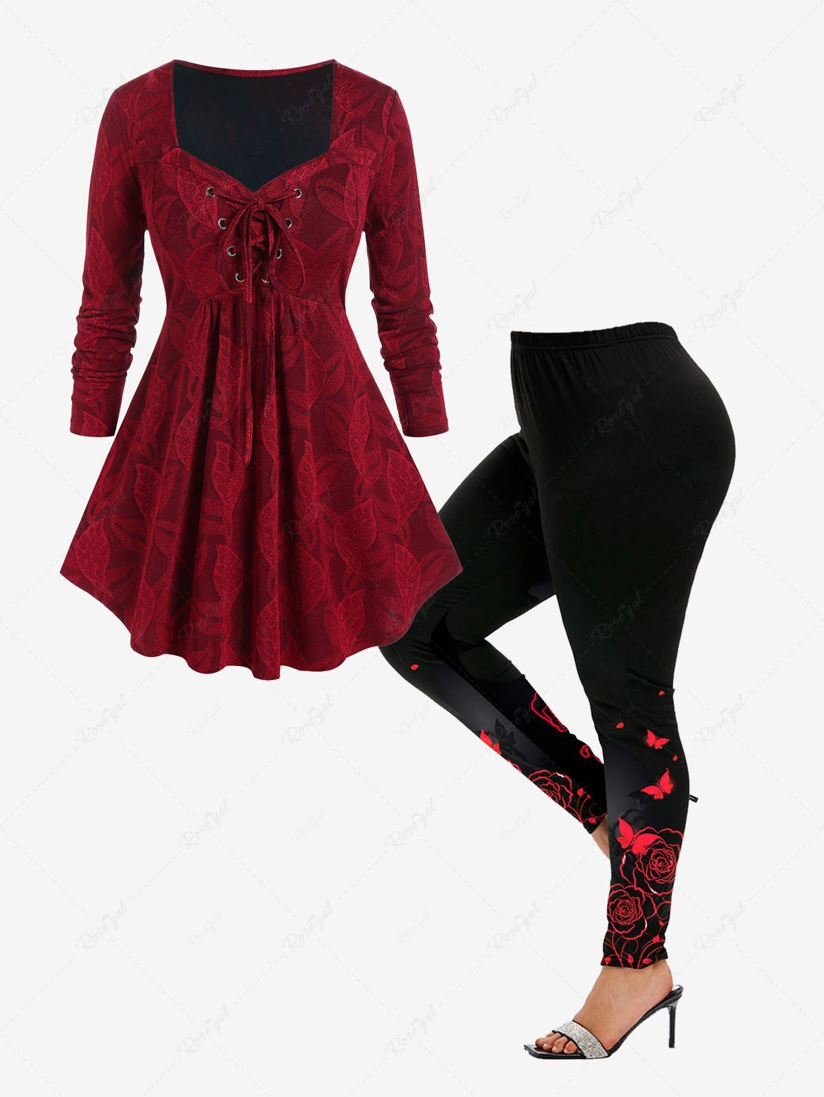 Best Lace Up Leaf Pattern Long Sleeves Tee and Butterfly Rose Printed Leggings Plus Size Outfit  
