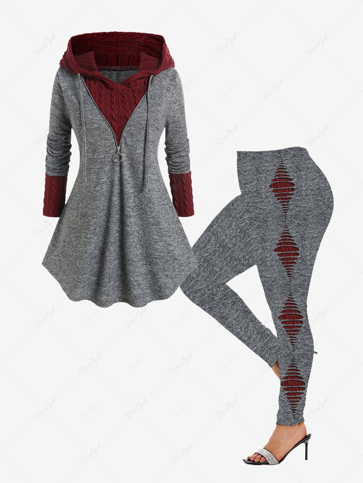 Buy Hooded Drawstring Mixed Media Top and High Waist 3D Ripped Leggings Plus Size Outfit  