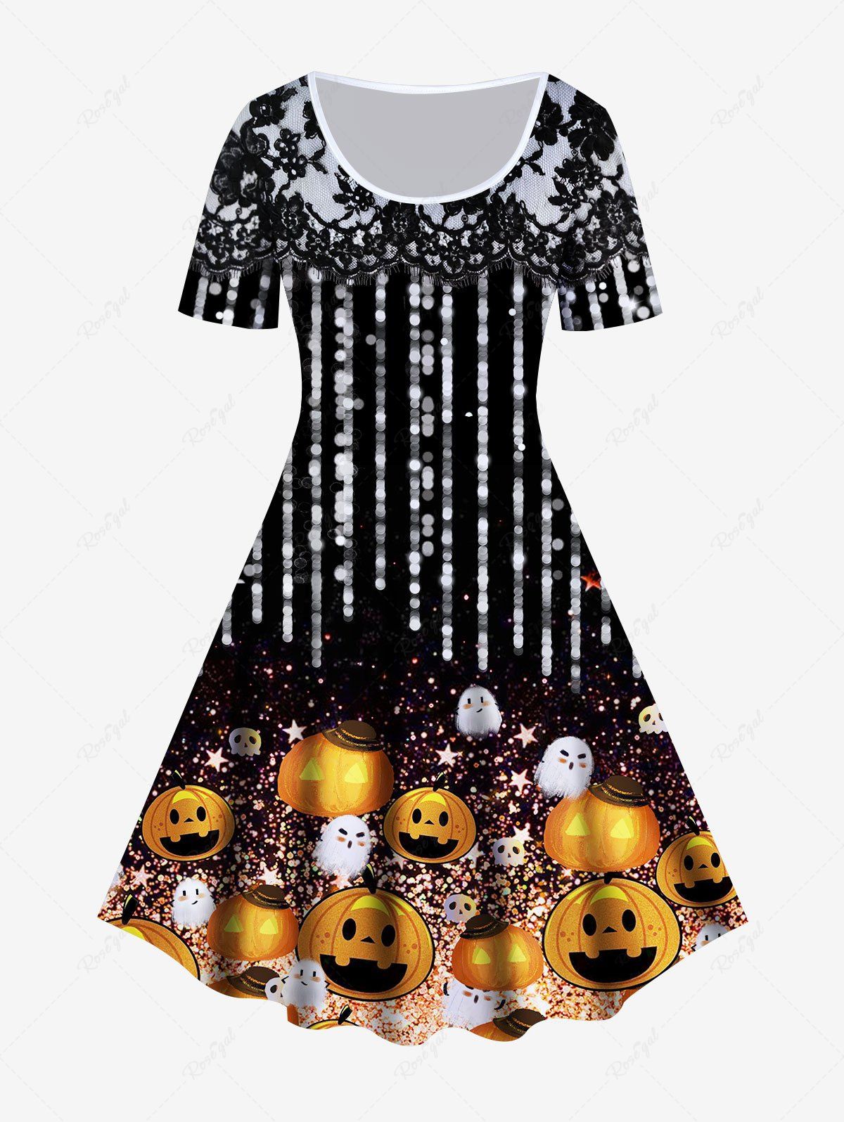 Discount Halloween Pumpkin Ghost Print Flare Dress  
