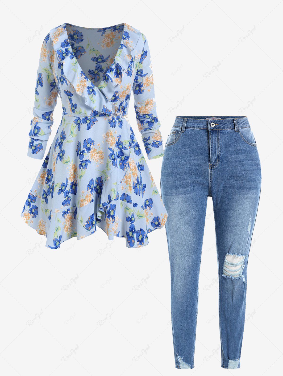Outfits Plus Size Plunge Ruffle Floral Print Blouse and Ripped Pencil Jeans Outfit  
