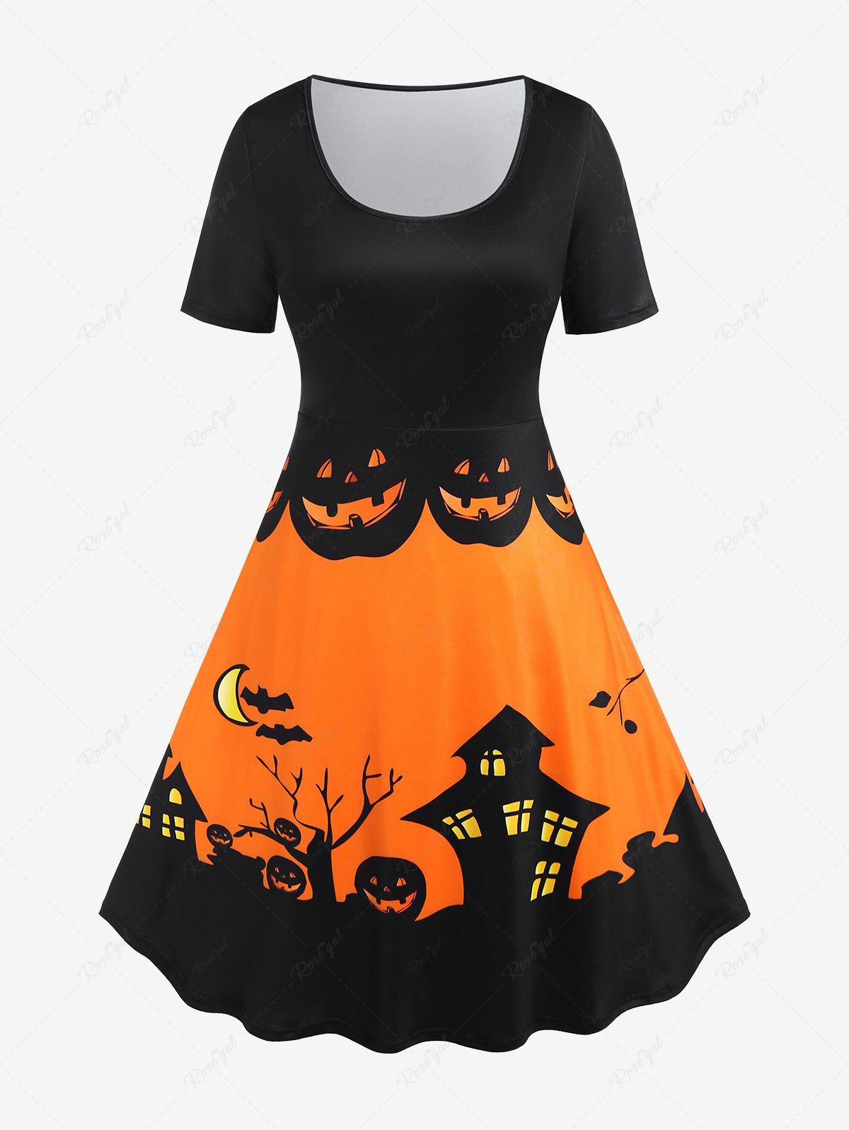 Discount Halloween Pumpkin Castle Print Vintage Flare Dress  