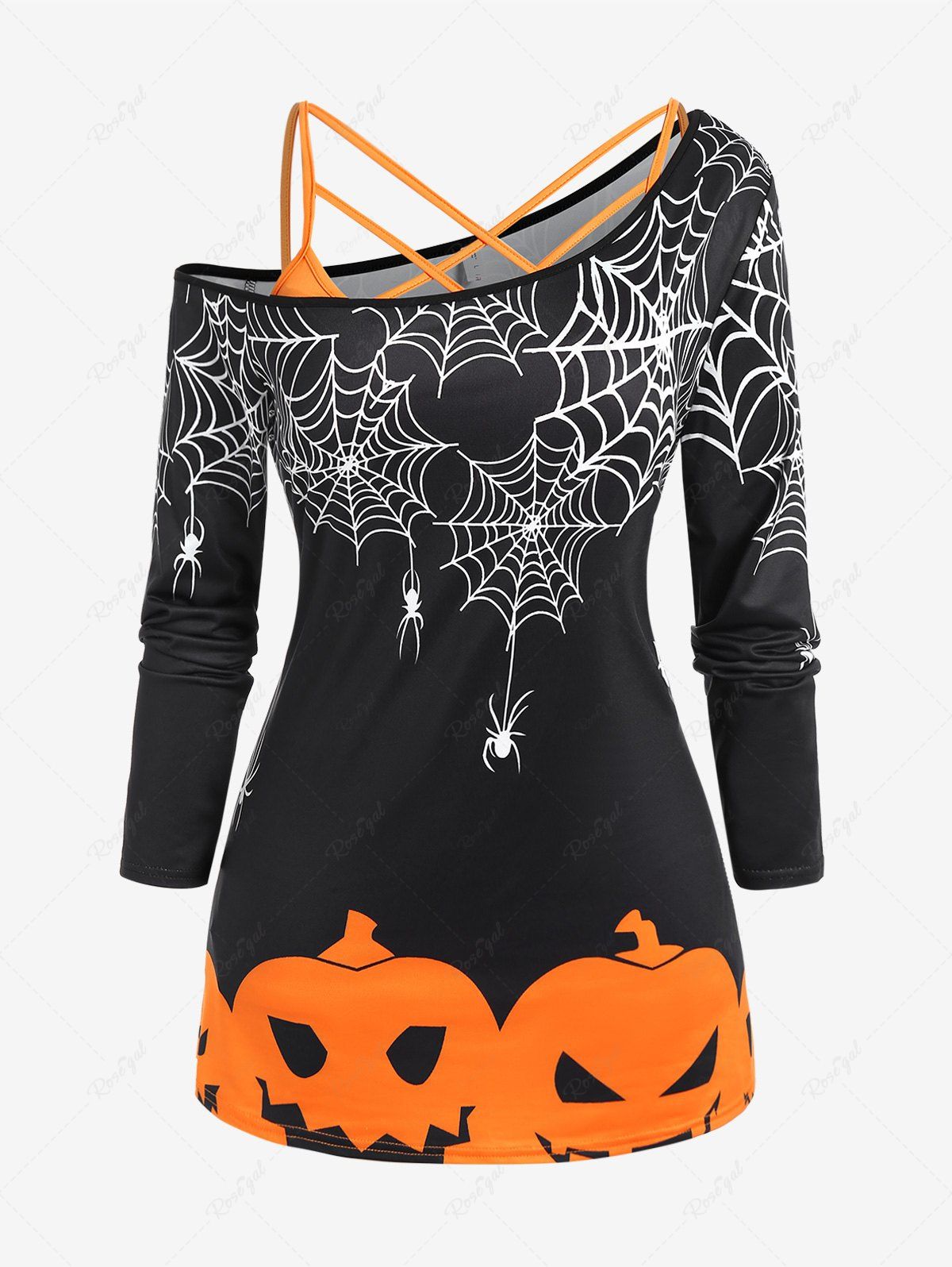 Hot Halloween Skew Neck Pumpkins Spider Web Printed Tee and Crisscross Tank Top Set  