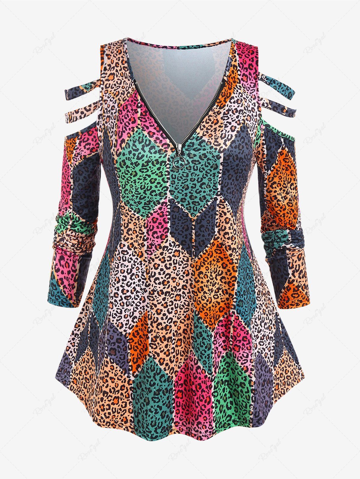 Latest Plus Size Cold Shoulder Ladder Cutout Colorful Leopard Print T-shirt  
