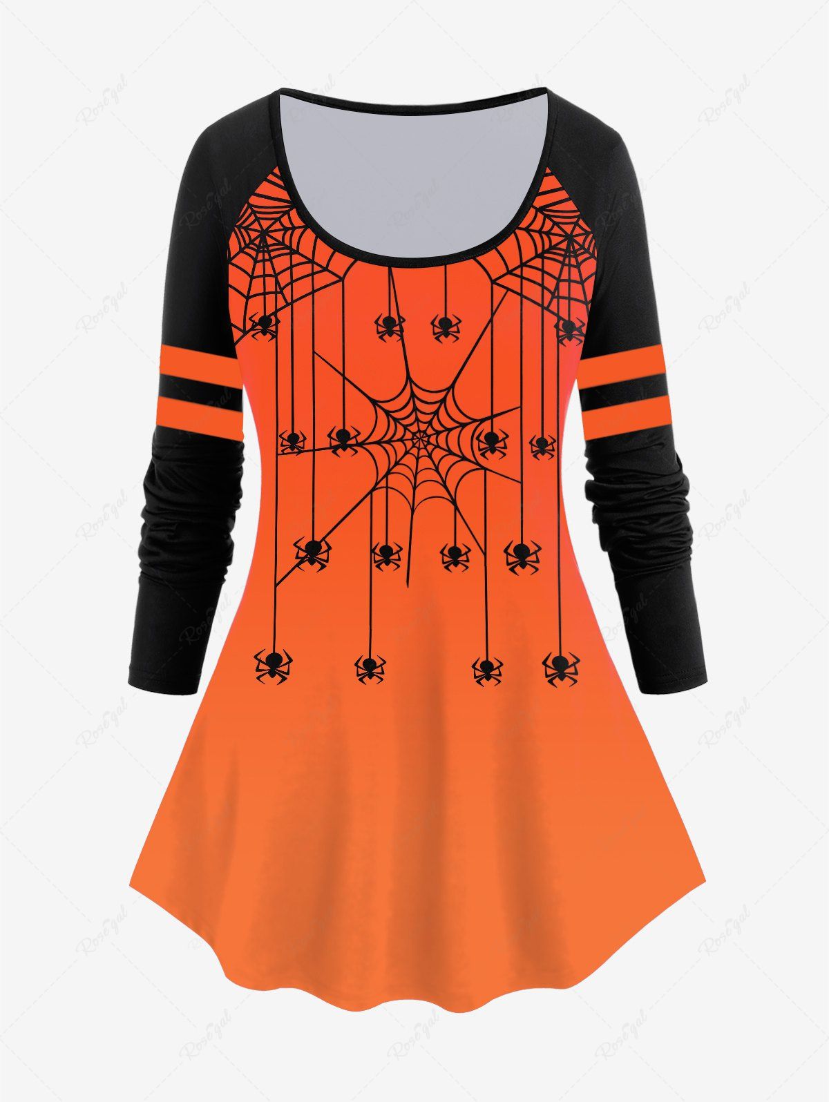 T-shirt D'Halloween Bicolore à Imprimé Toile D'Araignée à Manches Raglan Orange 5x | US 30-32