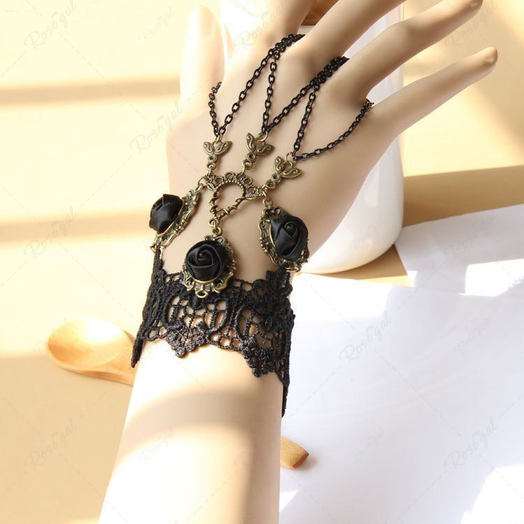 Bracelet de Bagues en Dentelle Motif Chaîne Rose Style Gothique Vintage Noir 