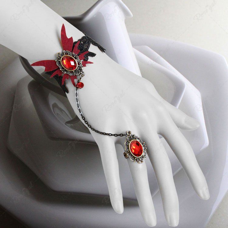 Affordable Gothic Vintage Butterfly Lace Rhinestone Finger Ring Bracelet  
