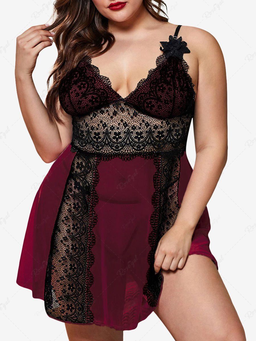 Unique Plus Size Lace Panel See Thru Mesh Babydoll with T-back  