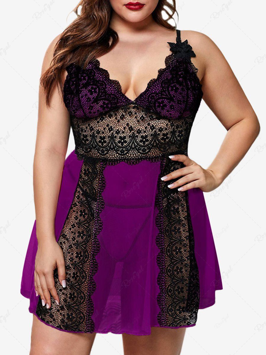 Cheap Plus Size Lace Panel See Thru Mesh Babydoll with T-back  