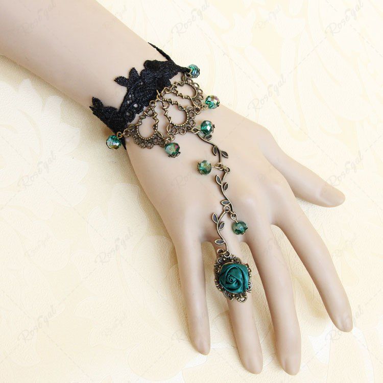 Fashion Gothic Retro Lace Rose Hand Slave Harness Chain Finger Ring Bracelet  
