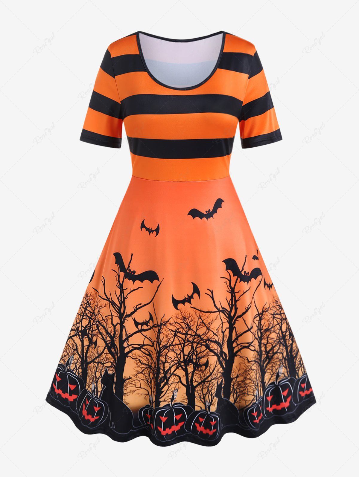 Fashion Halloween Striped Bat Tree Pumpkin Print Fit and Flare Dress  