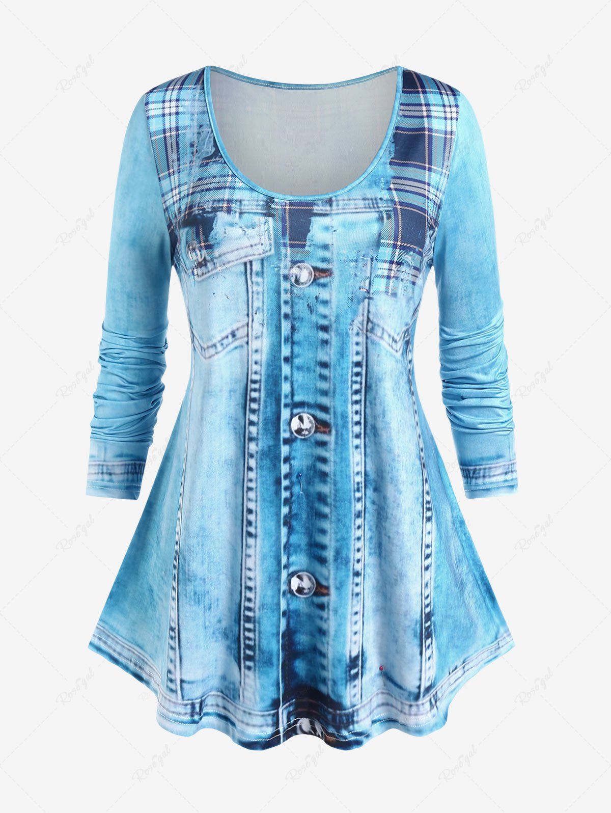 Sale Plus Size Long Sleeve 3D Denim Print T-shirt  