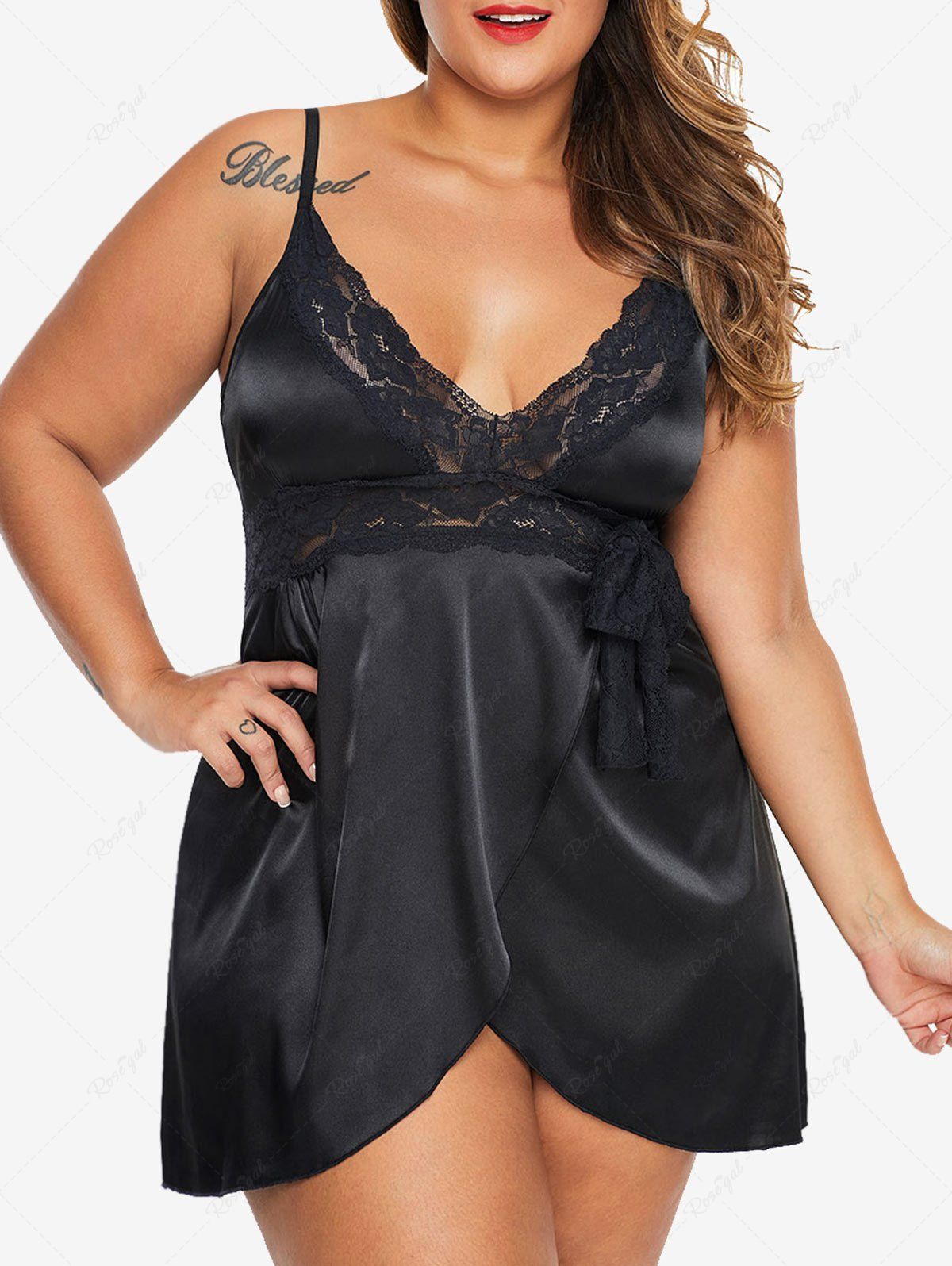 Buy Plus Size Contrast Lace Panel Tulip Lingerie Babydoll and T-back Set  