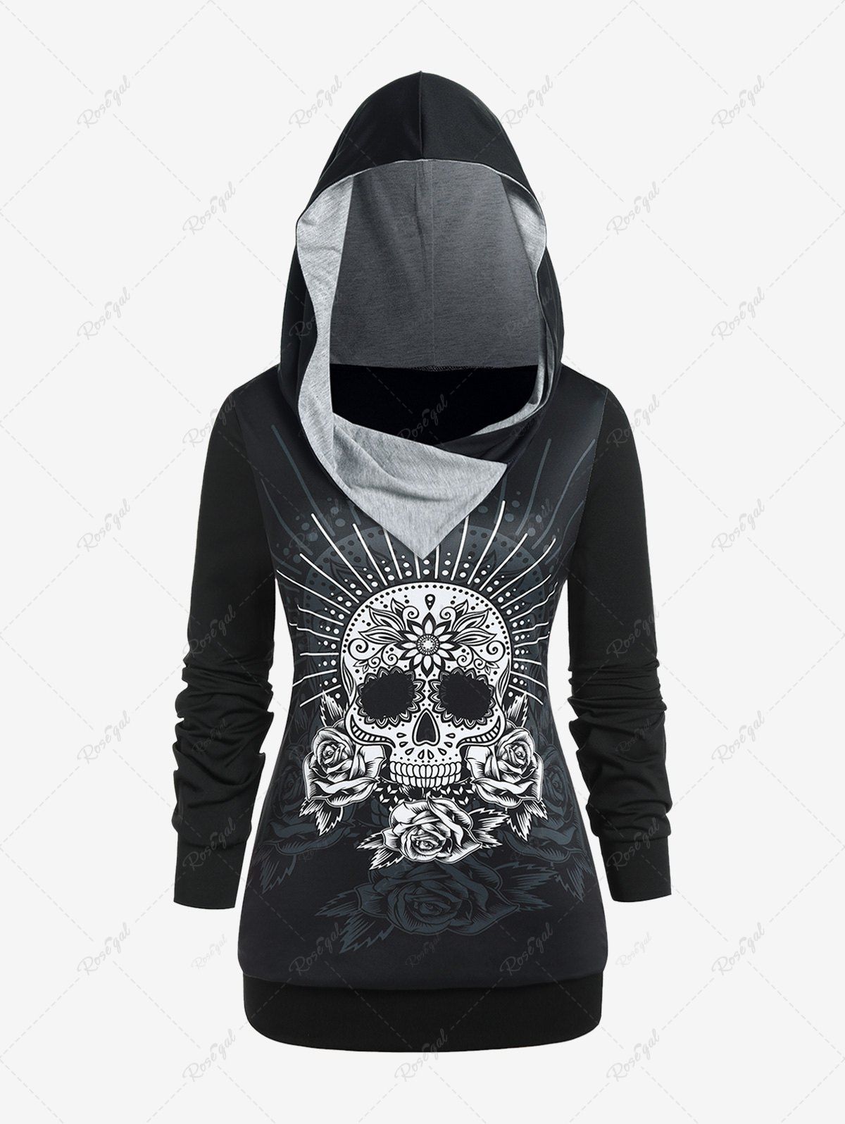 Hot Gothic Skull Rose Print Pullover Hoodie  