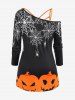 Halloween Skew Neck Pumpkins Spider Web Printed Tee and Crisscross Tank Top Set -  