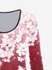 Plus Size Long Sleeve Floral Print Ombre Color Tee -  